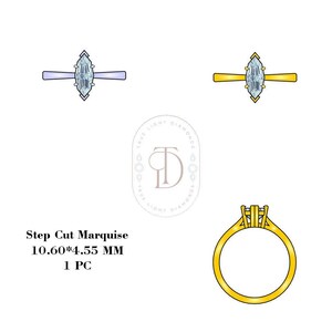 Puede incluir: Ilustraciones de tres anillos con piedras de talla marquesa y un anillo de oro. Los anillos se muestran en diferentes vistas. El texto dice "Step Cut Marquise 10.60*4.55 MM 1 PC" y el logotipo "TRUE LIGHT DIAMONDS".