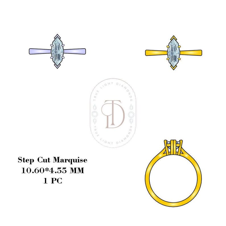 Puede incluir: Ilustraciones de tres anillos con piedras de talla marquesa y un anillo de oro. Los anillos se muestran en diferentes vistas. El texto dice "Step Cut Marquise 10.60*4.55 MM 1 PC" y el logotipo "TRUE LIGHT DIAMONDS".