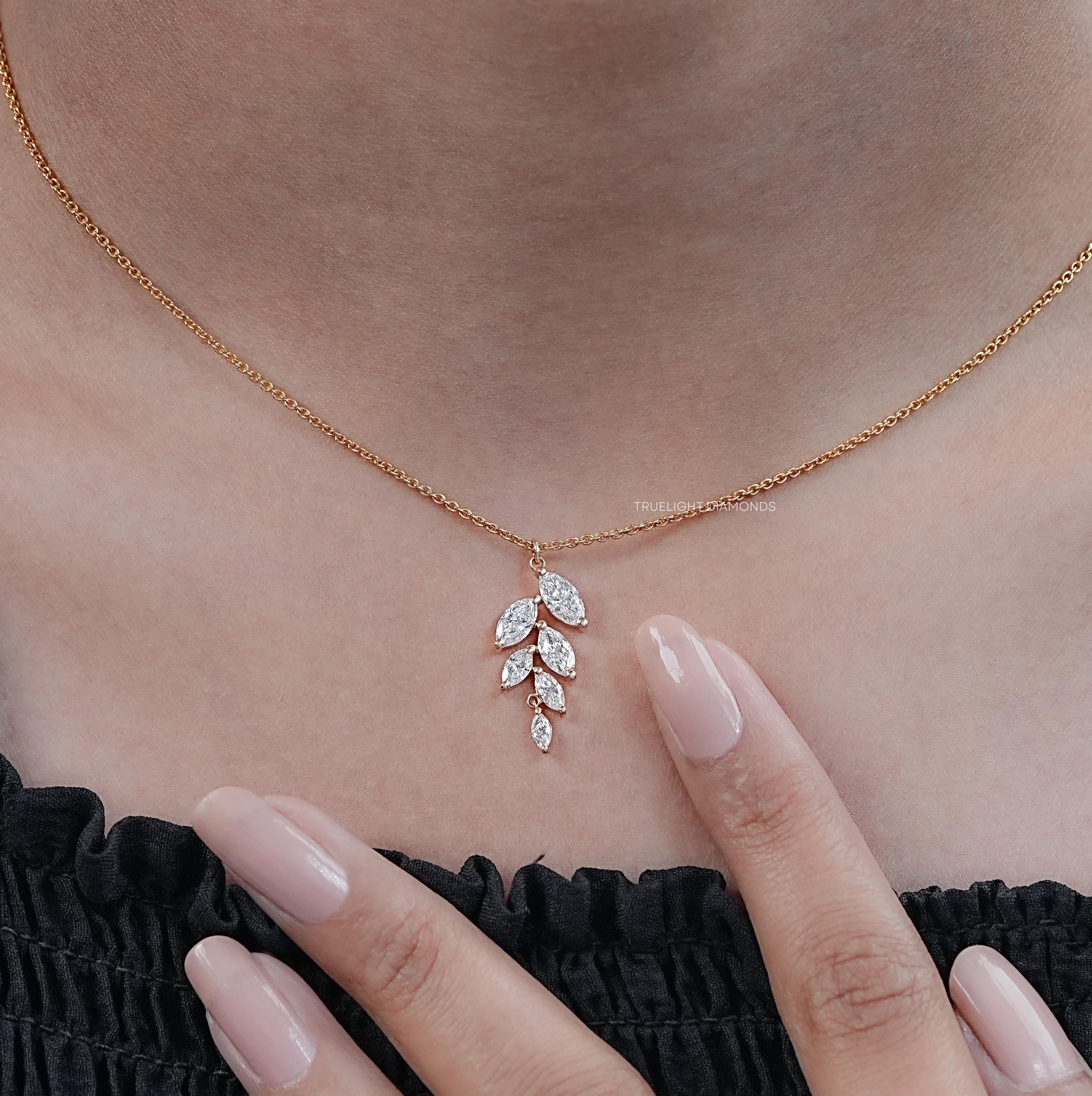 マーキスカット ラボダイヤモンド クラスターリーフネックレス / 14K 