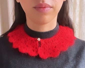 FW21 - Handmade “Crystal” collar in red mohair wool with vintage gold & red button