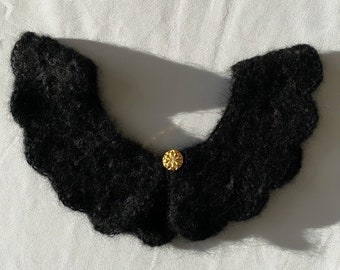 FW21 - Handmade “Flower” collar in black mohair wool with vintage flower button