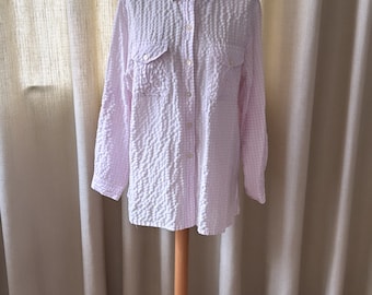 Camisa Vichy vintage de manga larga de mezcla de viscosa rosa y blanca a cuadros vichy // Camisa vintage de manga larga extragrande de mezcla de viscosa con cuadros vichy rosas