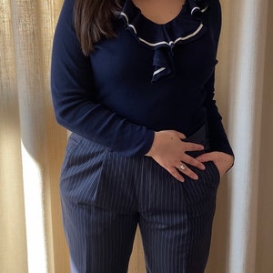 Vintage genderless navy striped pure wool trousers