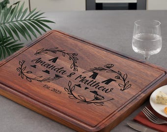 Personalized Monogram Cutting Board, Custom Name Charcuterie Board, Engraved Initial Walnut Board, Engraved Farmhouse Wreath Gift