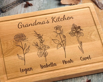 Personalized Christmas Cutting Board Birth Flower Gift for Grandma Nana, Mom Gifts from Daughter, Grandmas Garden Gift with Grandkids Names