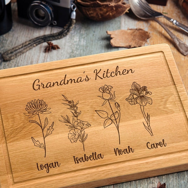 Personalized Christmas Cutting Board Birth Flower Gift for Grandma Nana, Mom Gifts from Daughter, Grandmas Garden Gift with Grandkids Names