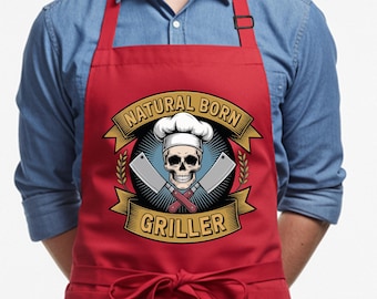 Funny Skull BBQ Apron for Men, Natural Born Griller Apron, Birthday Gift for Dad Grandpa Husband Boyfriend