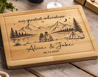 Personalized Cutting Board Wedding Gift for Couple, Adventure Mountain Camping Engraved Wood Board, Anniversary Newlywed Gifts for Wife