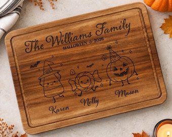 Custom Halloween Family Cutting Board,  Personalized Engraved Wood Board, Cute Halloween Gift for Family, Spooky Kitchen Decor