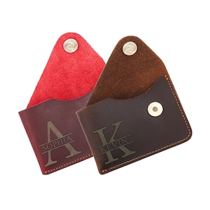 Tarjetero de cuero grabado con monograma, tarjetero de cuero personalizado, minicartera de cuero hecha a mano para hombres y mujeres
