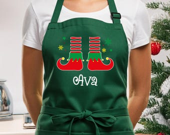 Personalized Funny Christmas Elf Apron, Custom Name Elf Legs Baking Apron, Christmas Cooking Apron for Men Women, Holiday Housewarming Gift