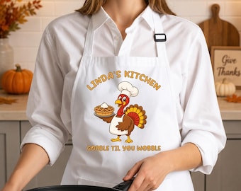 Personalized Funny Thanksgiving Apron, Custom Gobble Til You Wobble Kitchen Apron for Women, Custom Name Cooking Apron, Thanksgiving Gift