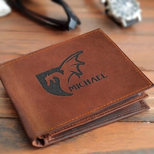 Cartera personalizada con icono de dragón para padres / Cartera de cuero de primera calidad para hombre / Regalo para él / Aniversario del día del padre, Regalo para papá
