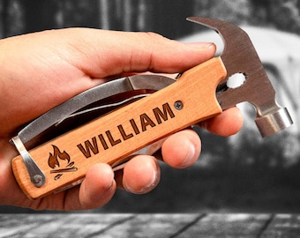 Personalized Wooden Multi Tool, Hammer Gifts for Boyfriend or Husband, Multi Tool Knife, Gifts for Camping, Fishing, Hunting, Pocket Knife