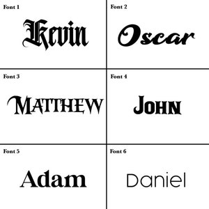 K&ouml;nnte beinhalten: Sechs Textbeispiele in verschiedenen Schriftarten, die jeweils einen Namen anzeigen. Die Namen "Kevin", "Oscar", "Matthew", "John", "Adam" und "Daniel" werden in schwarzen Schriftarten auf wei&szlig;em Hintergrund angezeigt.