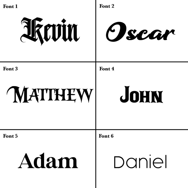 K&ouml;nnte beinhalten: Sechs Textbeispiele in verschiedenen Schriftarten, die jeweils einen Namen anzeigen. Die Namen "Kevin", "Oscar", "Matthew", "John", "Adam" und "Daniel" werden in schwarzen Schriftarten auf wei&szlig;em Hintergrund angezeigt.