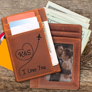 Cartera de cuero delgada personalizada para hombres y mujeres, tarjetero minimalista, tarjetero, regalo para padrinos de boda, regalo de San Valentín, regalo para novio