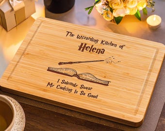 Personalized Wizarding Cutting Board, Engraved Bamboo Charcuterie Board, Valentines Day Gift, Fantasy Book Lovers Gift, Wizard Kitchen Decor