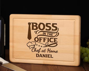 Custom Boss in the Office Chef at Home Cutting  Board, Bamboo BBQ Board for Him, Custom Engraved Gift for Dad, Gift for Chef