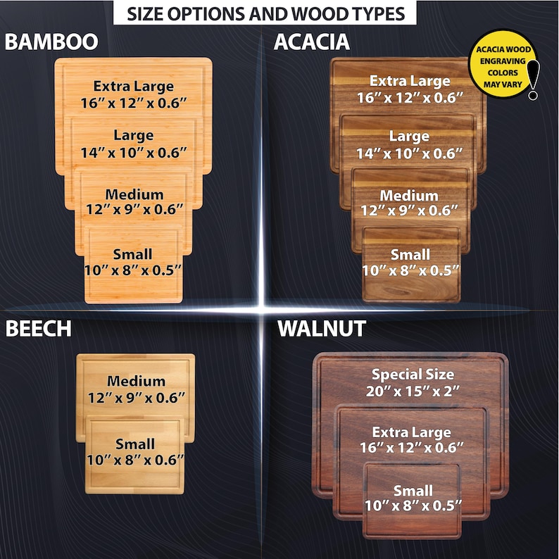 May include: Image showcasing cutting board size options and wood types: bamboo, acacia, beech, and walnut. Sizes range from small (10" x 8" x 0.5") to extra large (16" x 12" x 0.6") and a special size (20" x 15" x 2"). Acacia wood engraving colors may vary.