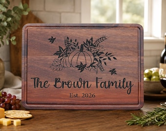 Personalized Pumpkin Cutting Board, Family Name Gift, Custom Engraved Cutting Board, Thanksgiving Table Decor, Fall Kitchen Decor