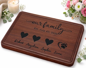 Personalized Family Name Cutting Board, Custom Parents Kids & Pet Names Board, Engraved Family Established Gift, Housewarming Present