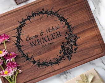 Crown of Thorns Cutting Board Personalized, Christian Family Engraved Wood Board, Religious Wedding Anniversary Christmas Gifts for Couple