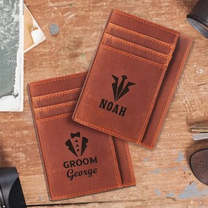 Cartera de cuero personalizada para novios, cartera grabada para hombre, regalo de boda personalizado para padrinos, cartera fina para él, tarjetero.