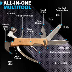 K&ouml;nnte beinhalten: Ein All-in-One-Multitool mit Holzgriff. Es verf&uuml;gt &uuml;ber einen Hammer, eine Zange, ein Messer, eine S&auml;ge, Schraubendreher, einen Dosen&ouml;ffner und Drahtschneider. Das Werkzeug ist f&uuml;r verschiedene Aufgaben konzipiert und ideal f&uuml;r Outdoor-Aktivit&auml;ten und Heimwerkerprojekte.