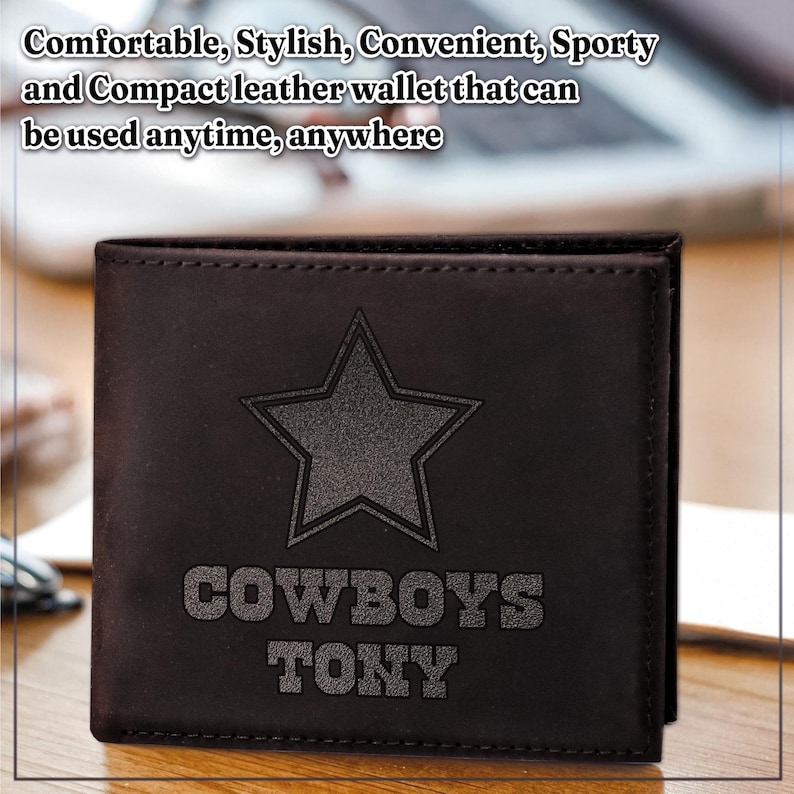 May include: A brown leather wallet with a black star and the words "COWBOYS TONY" embossed on the front.