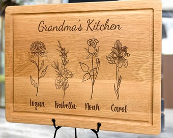 Personalized Christmas Cutting Board Birth Flower Gift for Grandma Nana, Mom Gifts from Daughter, Grandmas Garden Gift with Grandkids Names