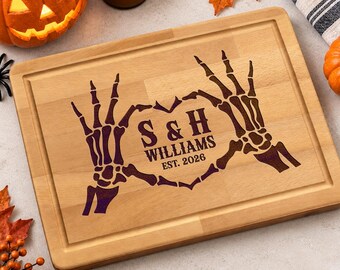 Personalized Skeleton Hands Cutting Board, Custom Family Name Board, Engraved Wood Board, Gothic Kitchen Decor, Halloween Gift