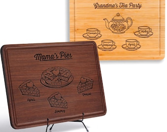 Customized Mom Cutting Board with Kids Names, Personalized Engraved Gift for Mom Grandma, Mama's Pies Grandma's Tea Party, Mother’s Day Gift