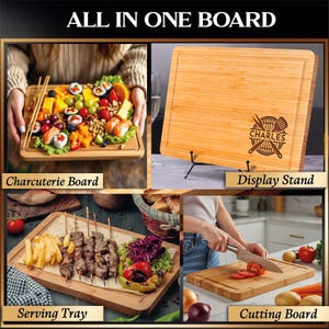 Puede incluir: Un juego de tablas de bamb&uacute; todo en uno con cuatro usos: tabla de embutidos, soporte de exhibici&oacute;n, bandeja para servir y tabla de cortar. El soporte de exhibici&oacute;n presenta un dise&ntilde;o personalizado con el nombre "CHARLES".