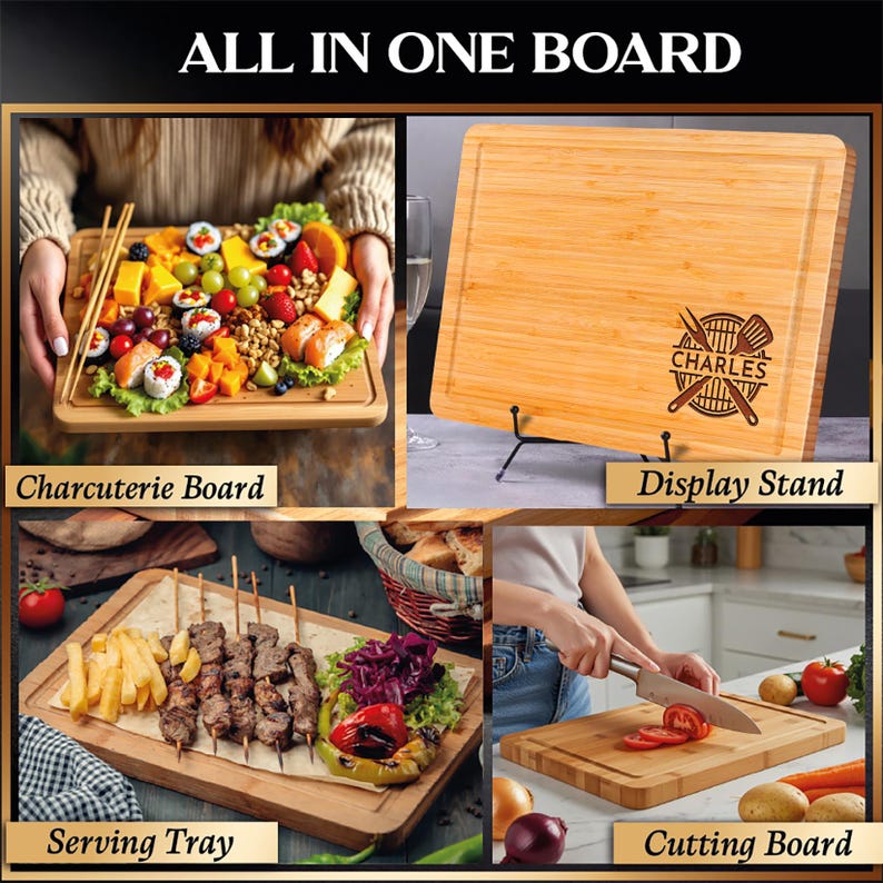 Puede incluir: Un juego de tablas de bamb&uacute; todo en uno con cuatro usos: tabla de embutidos, soporte de exhibici&oacute;n, bandeja para servir y tabla de cortar. El soporte de exhibici&oacute;n presenta un dise&ntilde;o personalizado con el nombre "CHARLES".