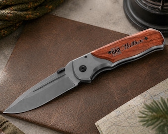 Customized Pocket Knife Gifts For Dad, Custom Name Engraved Wood Handle Folding Pocket Knife with Icons, Personalized Fathers Day Gifts