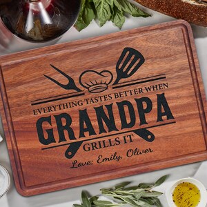 Everything Tastes Better When Grandpa Grills It - Family Personalized Custom Engraved Wooden Cutting Board - Father's Day, Gift For Dad, Grandpa