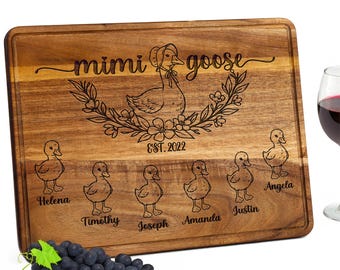 Personalized Mimi Goose Cutting Board, Custom Kids Names Engraved Board, Mother’s Day Gift for Mom Grandma