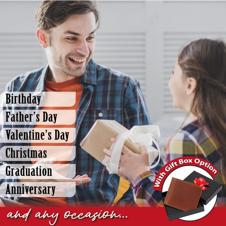 May include: A brown leather wallet with a gift box option. The text "Gift Box Option" is written in white on a red background. The text "Birthday, Father's Day, Valentine's Day, Christmas, Graduation, Anniversary, and any occasion..." is written in black on a white background.