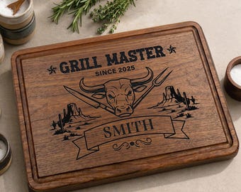 Custom Name Western Style BBQ Gift, Personalized Grill Master Cutting Board, Bull Head Walnut Meat Board, Father's Day Gift for Dad Grandpa