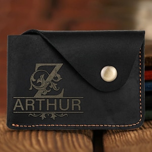 Tarjetero de cuero personalizado con broche, cuero grabado con monograma, tarjetero personalizado, minicartera para tarjetas de crédito
