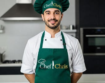 Custom Named and Master Chef Designed Apron with hat for Men, Birthday Gift for Men, Christmas Gift, Printed Apron, BBQ Apron, Unisex apron