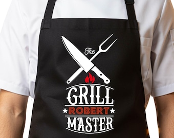 Custom Name and Grill Master Designed Apron for Men, Personalized Birthday Gift for Dad Husband, Father's Day Gift, BBQ Grilling Aprons
