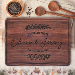 Custom Name Cutting Board, Unique Wedding Gift, Engraved Engagement Present Bamboo Charcuterie Board, Personalized Bridal Shower Couple Gift