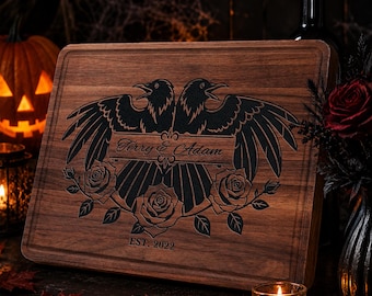 Gothic Wedding Gifts for Couple, Personalized Raven Halloween Cutting Boards for  Family, Custom Witchy Decor,  Black Raven Crow Decoration