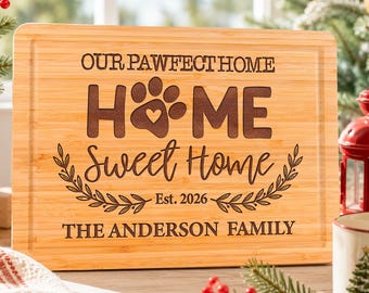 Personalized Cutting Board, Dog Lover Gift, Custom Family Name Board, Engraved Wood Cutting Board, Paw Print Home Decor, Pet Lover Gift