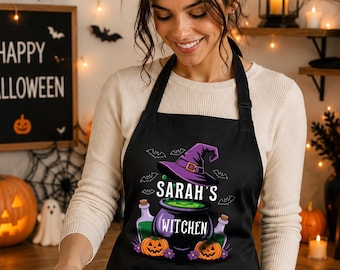 Personalized Halloween Witch Apron, Custom Name Halloween Apron, Witch Cooking Apron, Spooky Kitchen Gift, Halloween Gift for Women