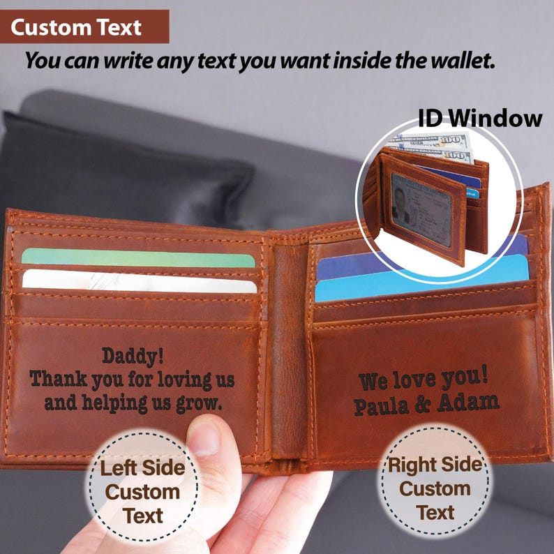 May include: A brown leather wallet with a clear ID window. The wallet is open to reveal two compartments, each with a personalized message. The left side reads "Daddy! Thank you for loving us and helping us grow." The right side reads "We love you! Paula & Adam."
