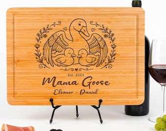 Personalized Mama Goose Cutting Board, Custom Kids Names Engraved Board, Mother’s Day Gift for Mom Grandma