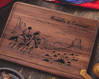 Vintage Western Wedding Gift for Couple, Personalized Cutting Board, Engraved Cowboy Cowgirl Decor, Wild West Decor, Custom Anniversary Gift